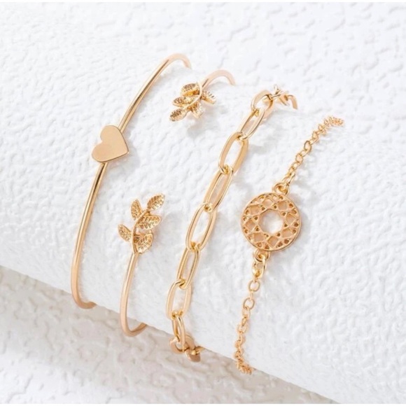 2 LEFT! 4 piece Gold Leaf Bangle Bracelet Set - Picture 3 of 5